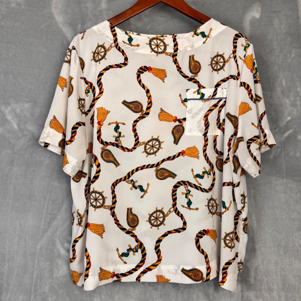 Venezia‎ Nautical Blouse Women 40 (XXL) White Rope Anchor Print Short Sleeve Top